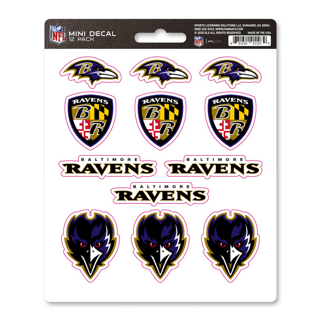 Baltimore Ravens Mini Decal 12-pk 12 Various Logos / Wordmark Purple, Yellow & Black