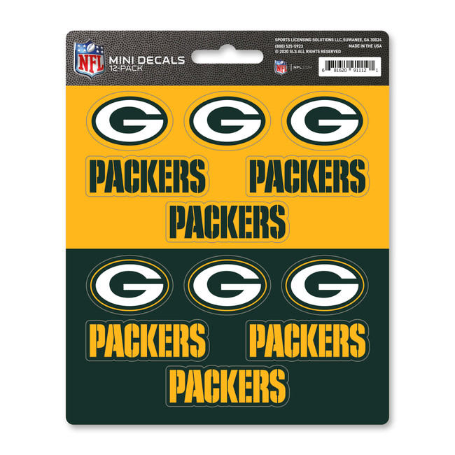 Green Bay Packers Mini Decal 12-pk 12 Various Logos / Wordmark Green & Yellow