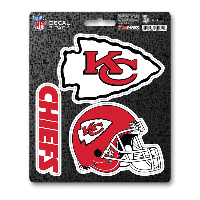 Kansas City Chiefs Decal 3-pk 3 Various Logos / Wordmark Red