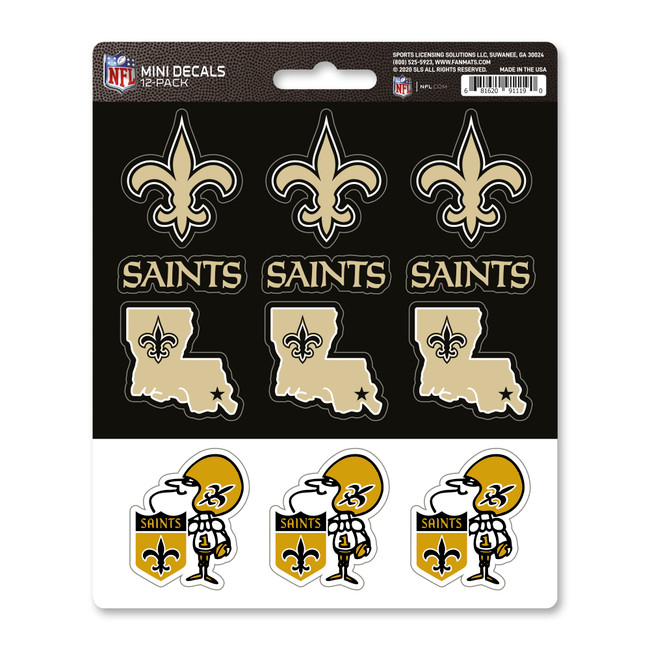New Orleans Saints Mini Decal 12-pk 12 Various Logos / Wordmark Gold & Black