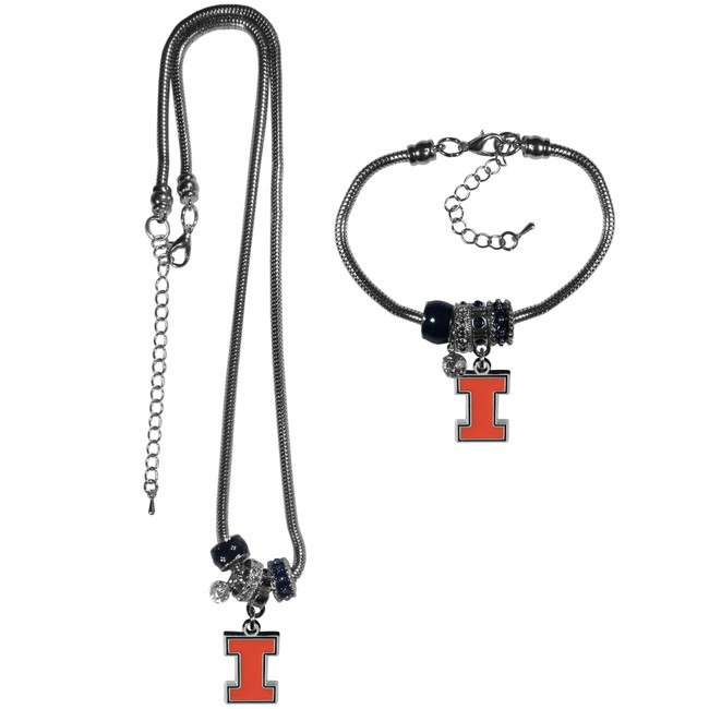 Illinois Fighting Illini Euro Bead Necklace and Bracelet Set