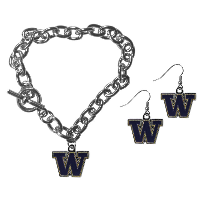 Washington Huskies Chain Bracelet and Dangle Earring Set