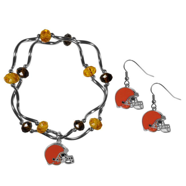 Cleveland Browns Dangle Earrings and Crystal Bead Bracelet Set