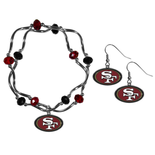 San Francisco 49ers Dangle Earrings and Crystal Bead Bracelet Set