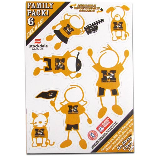 Show off your team pride with our Missouri Tigers family automotive decals. The set includes 6 individual family themed decals that each feature the team logo. The 5 x 7 inch decal set is made of outdoor rated, repositionable vinyl for durability and easy application.