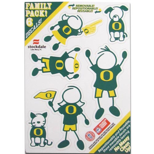 Show off your team pride with our Oregon Ducks family automotive decals. The set includes 6 individual family themed decals that each feature the team logo. The 5 x 7 inch decal set is made of outdoor rated, repositionable vinyl for durability and easy application.