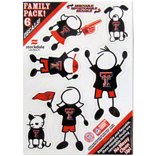 Show off your team pride with our Texas Tech Raiders family automotive decals. The set includes 6 individual family themed decals that each feature the team logo. The 5 x 7 inch decal set is made of outdoor rated, repositionable vinyl for durability and easy application.