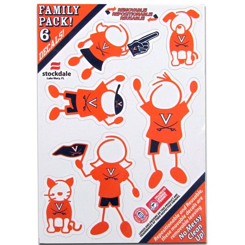 Show off your team pride with our Virginia Cavaliers family automotive decals. The set includes 6 individual family themed decals that each feature the team logo. The 5 x 7 inch decal set is made of outdoor rated, repositionable vinyl for durability and easy application.