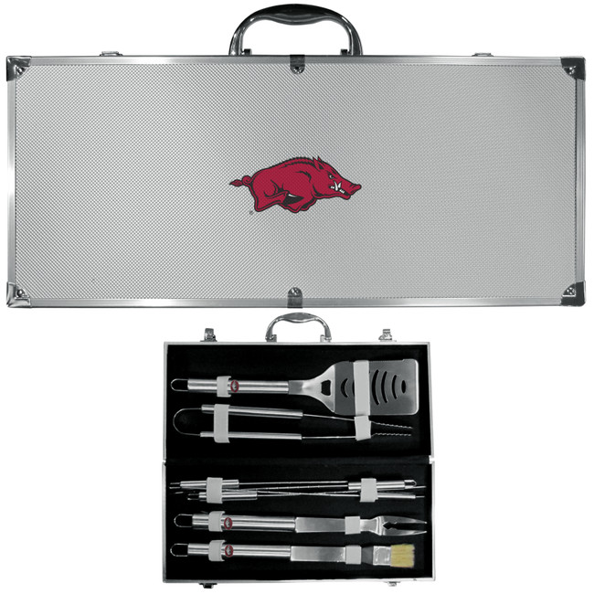 Arkansas Razorbacks 8 pc Stainless Steel BBQ Set w/Metal Case