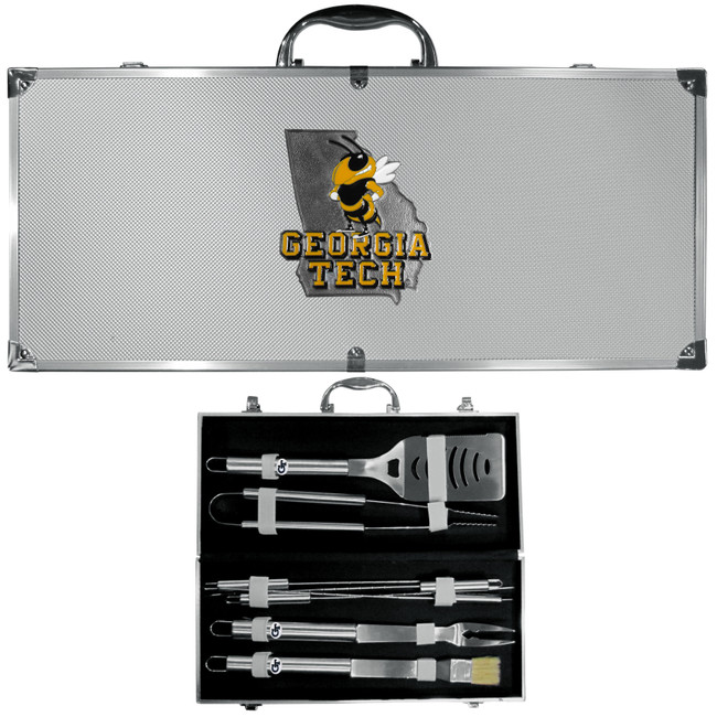 Georgia Tech Yellow Jackets 8 pc Stainless Steel BBQ Set w/Metal Case