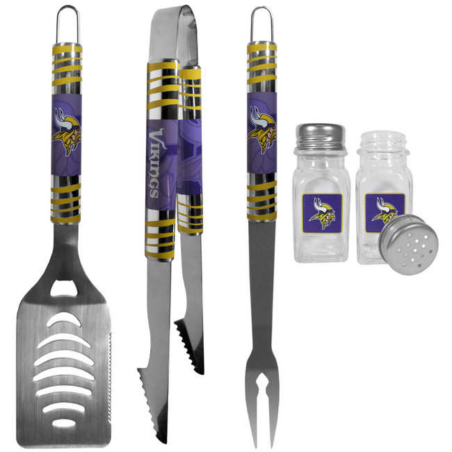 Minnesota Vikings 3 pc Tailgater BBQ Set and Salt and Pepper Shakers