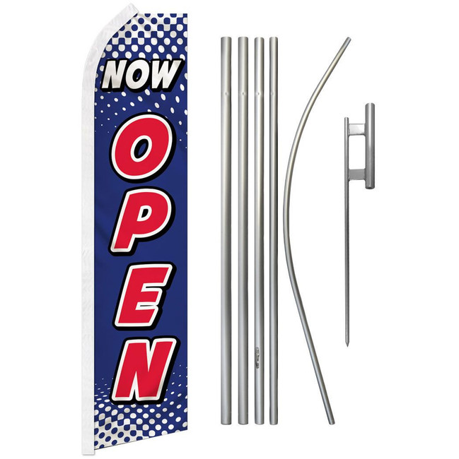 Now Open (Blue & White) Super Flag & Pole Kit