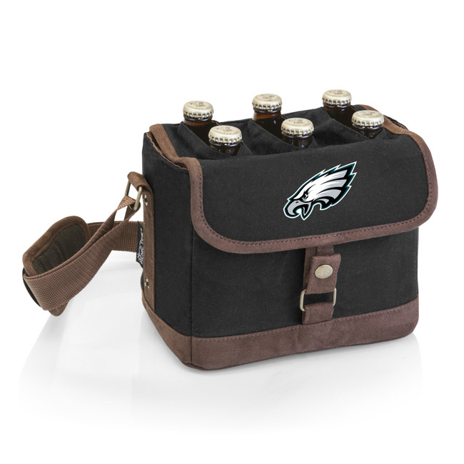 Philadelphia Eagles Beer Caddy Cooler Tote with Opener, (Black with Brown Accents)