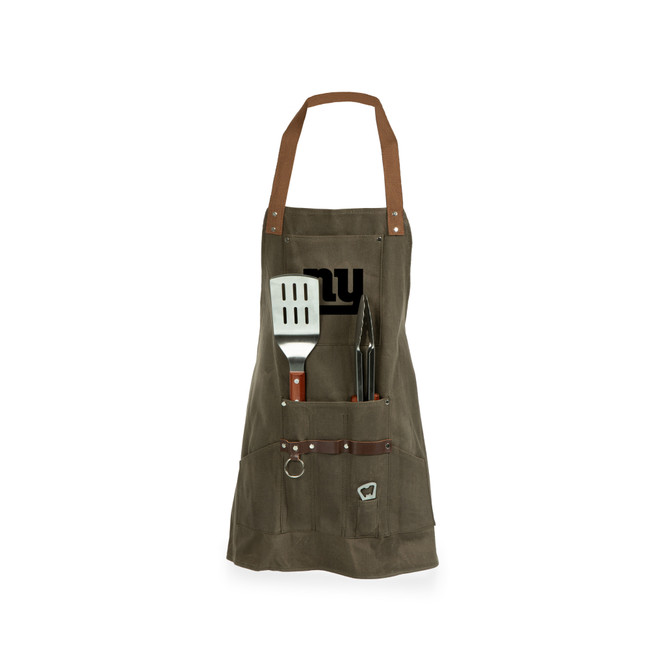 New York Giants BBQ Apron with Tools & Bottle Opener, (Khaki Green with Beige Accents)