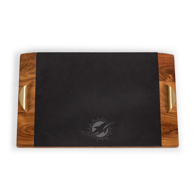 Miami Dolphins Covina Acacia and Slate Serving Tray, (Acacia Wood & Slate Black with Gold Accents)