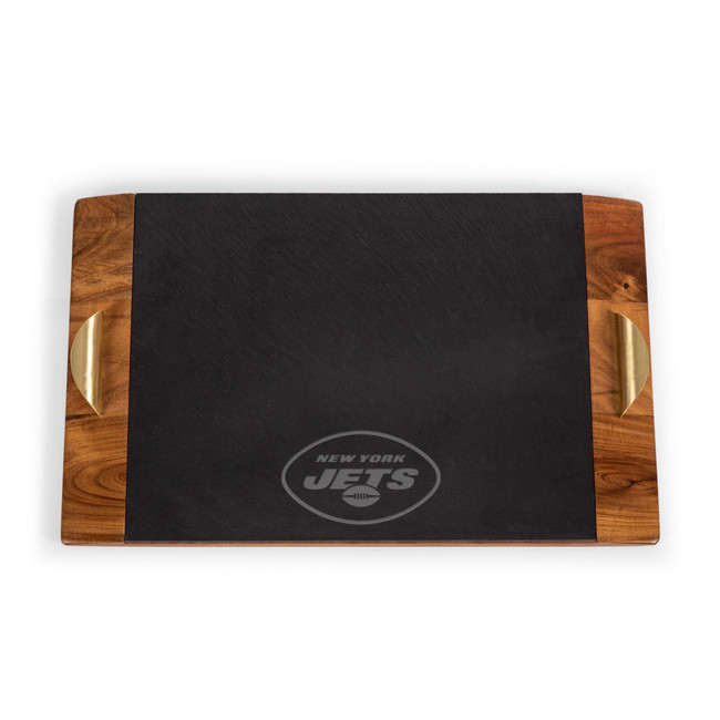 New York Jets Covina Acacia and Slate Serving Tray, (Acacia Wood & Slate Black with Gold Accents)