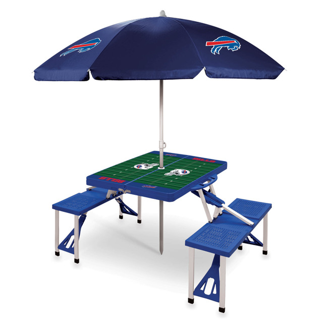 Buffalo Bills Picnic Table Portable Folding Table with Seats and Umbrella, (Blue)