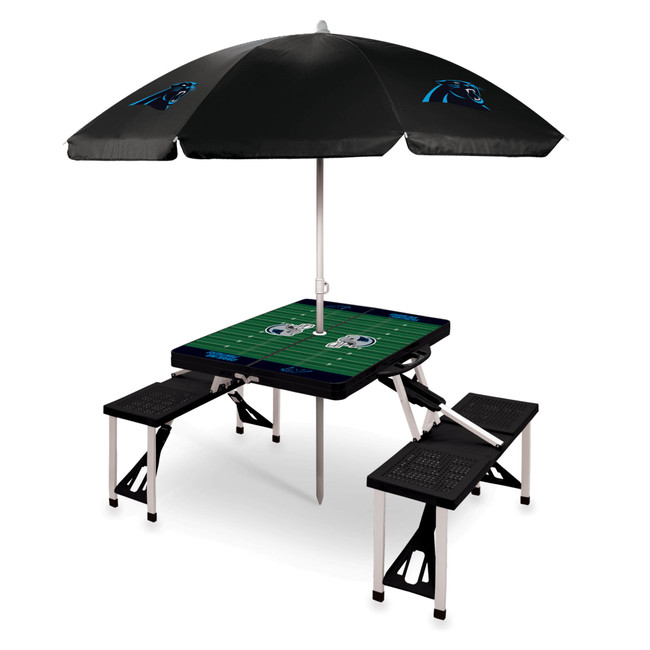 Carolina Panthers Picnic Table Portable Folding Table with Seats and Umbrella, (Black)
