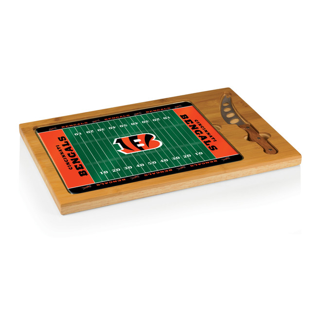 Cincinnati Bengals Football Field Icon Glass Top Cutting Board & Knife Set, (Parawood & Bamboo)