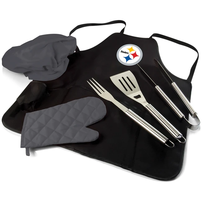Pittsburgh Steelers BBQ Apron Tote Pro Grill Set, (Black with Gray Accents)