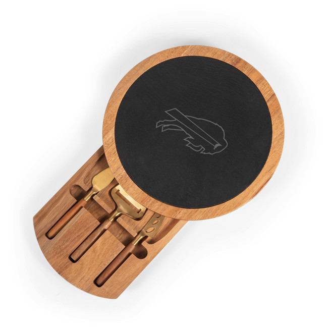 Buffalo Bills Insignia Acacia and Slate Serving Board with Cheese Tools, (Acacia Wood & Slate Black with Gold Accents)