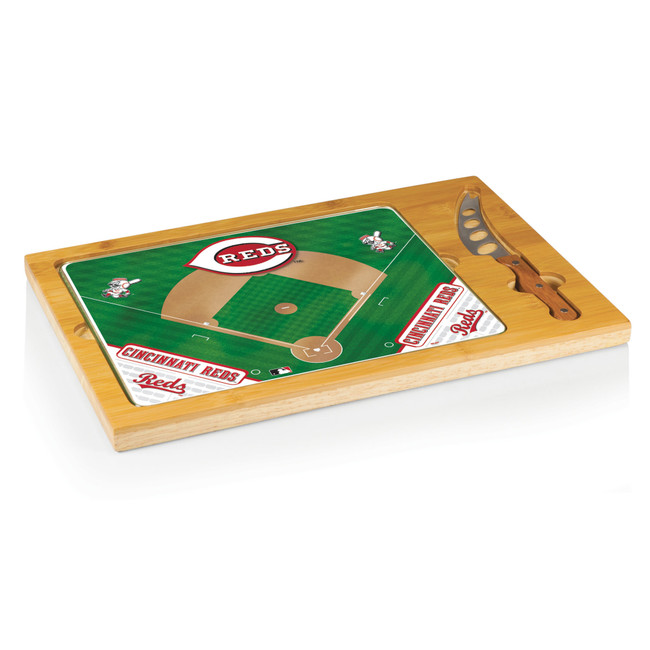 Cincinnati Reds Baseball Diamond Icon Glass Top Cutting Board & Knife Set (Parawood & Bamboo)