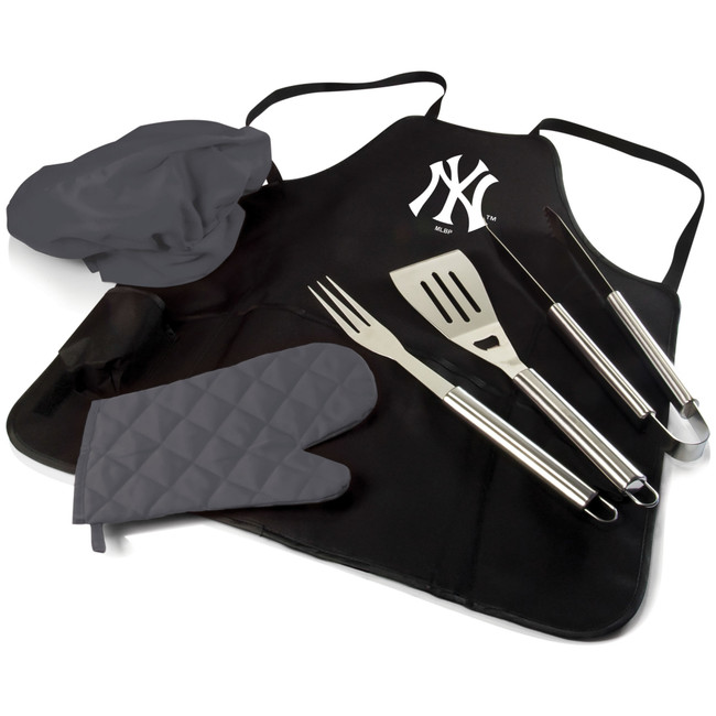 New York Yankees BBQ Apron Tote Pro Grill Set (Black with Gray Accents)