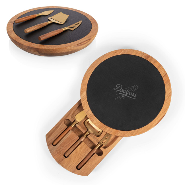 Los Angeles Dodgers Insignia Acacia and Slate Serving Board with Cheese Tools (Acacia Wood & Slate Black with Gold Accents)
