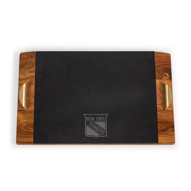 New York Rangers Covina Acacia and Slate Serving Tray, (Acacia Wood & Slate Black with Gold Accents)