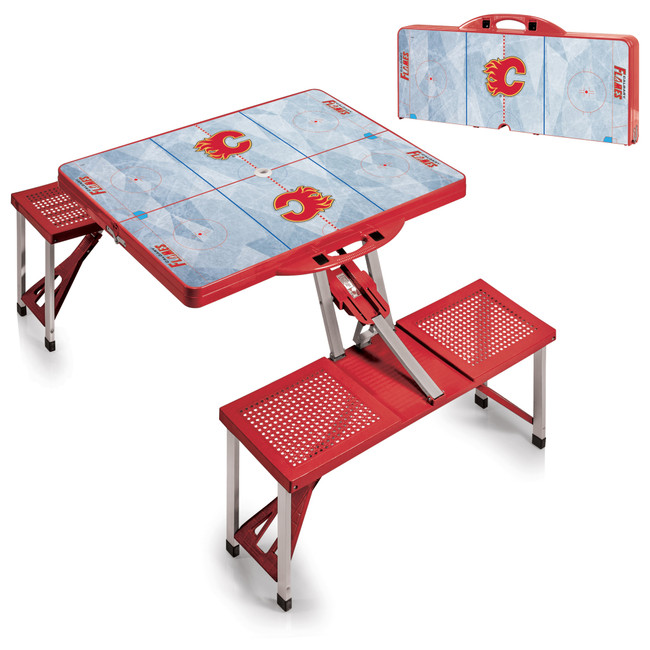 Calgary Flames Hockey Rink Picnic Table Portable Folding Table with Seats, (Red)
