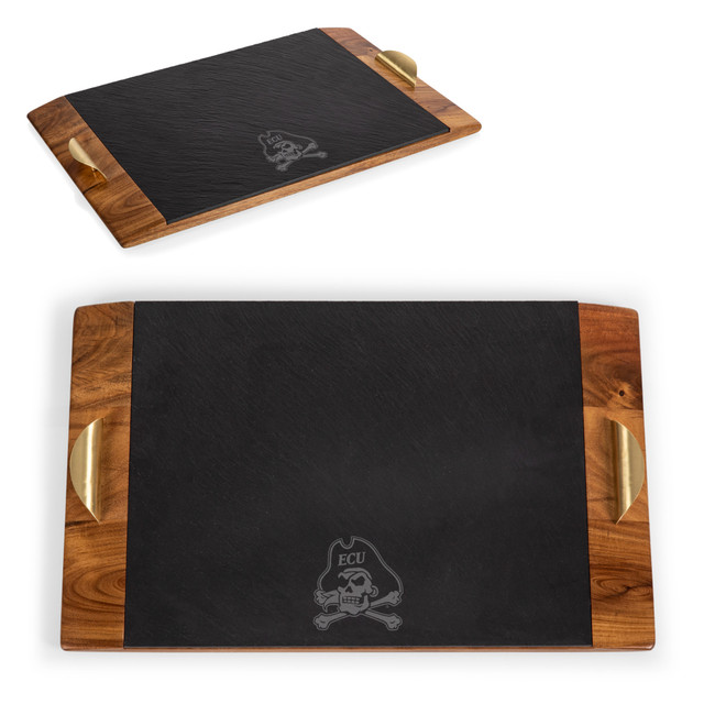 East Carolina Pirates Covina Acacia and Slate Serving Tray, (Acacia Wood & Slate Black with Gold Accents)