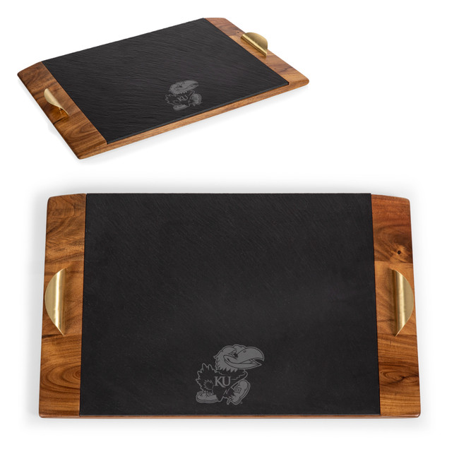Kansas Jayhawks Covina Acacia and Slate Serving Tray, (Acacia Wood & Slate Black with Gold Accents)