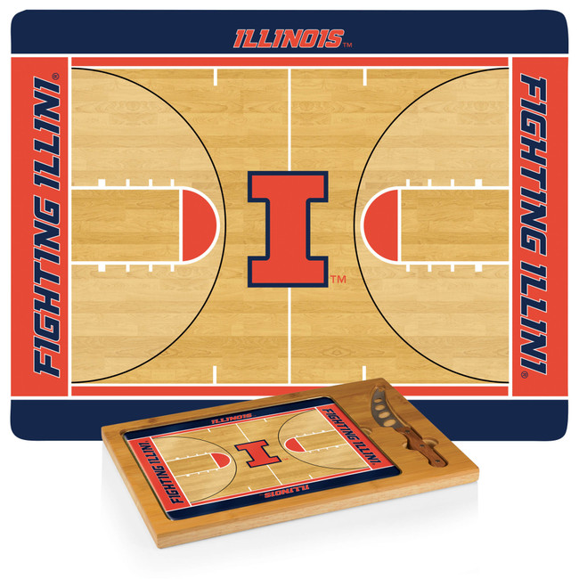 Illinois Fighting Illini Basketball Court Icon Glass Top Cutting Board & Knife Set, (Parawood & Bamboo)