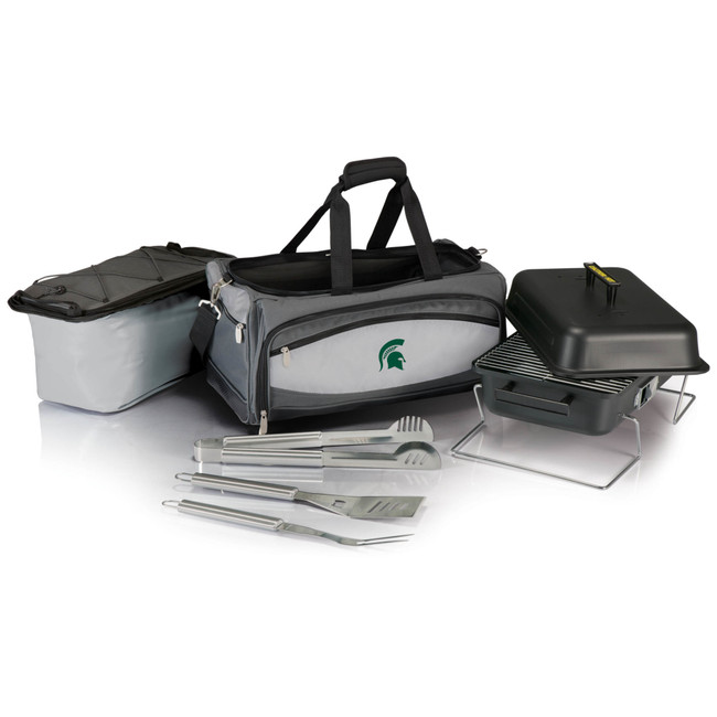 Michigan State Spartans Buccaneer Portable Charcoal Grill & Cooler Tote, (Black with Gray Accents)