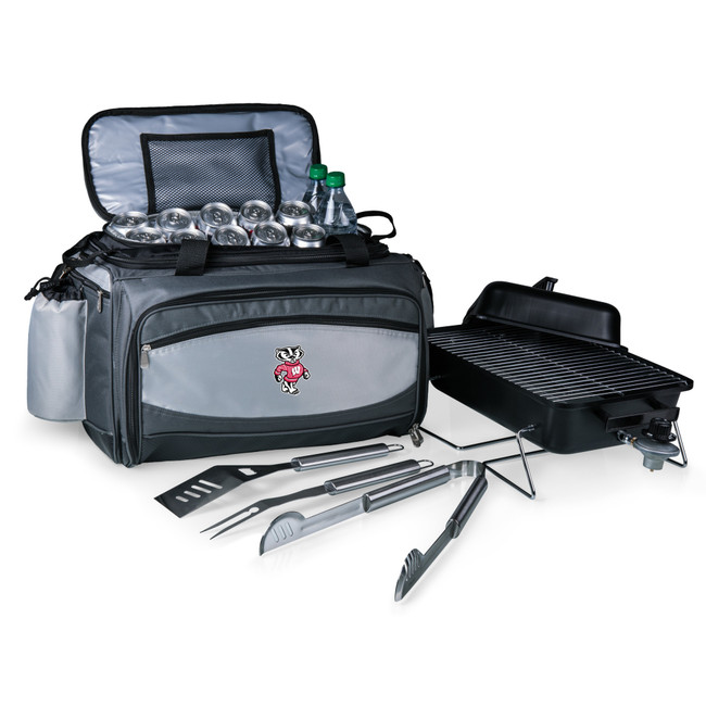 Wisconsin Badgers Vulcan Portable Propane Grill & Cooler Tote, (Black with Gray Accents)