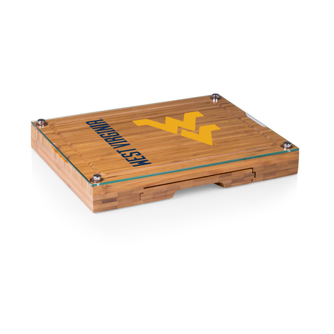 West Virginia Mountaineers Concerto Glass Top Cheese Cutting Board & Tools Set, (Bamboo)
