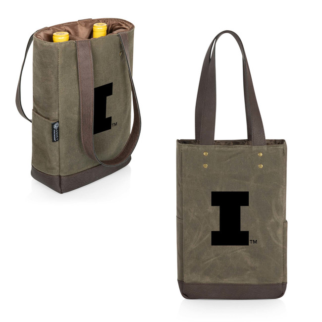 Illinois Fighting Illini 2 Bottle Insulated Wine Cooler Bag, (Khaki Green with Beige Accents)