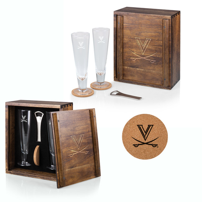 Virginia Cavaliers Pilsner Beer Glass Gift Set, (Acacia Wood)