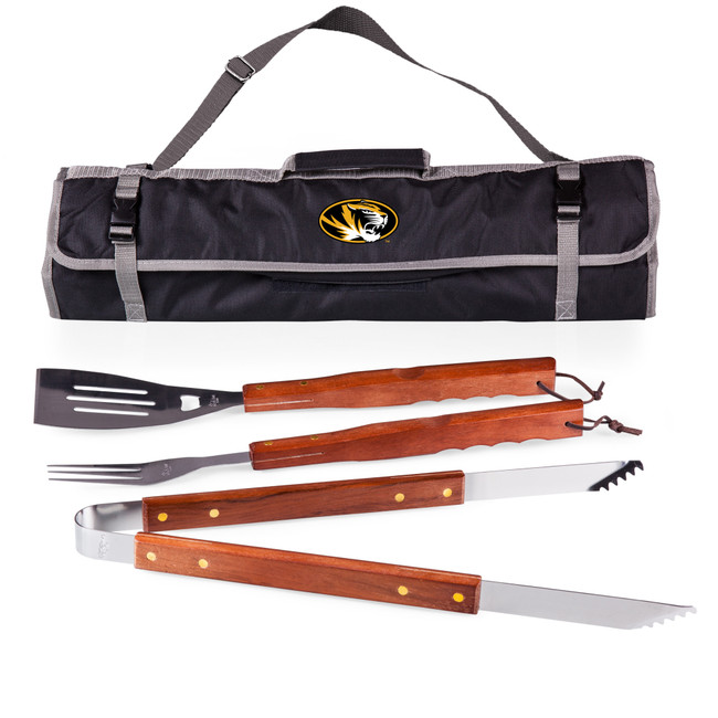 Mizzou Tigers 3-Piece BBQ Tote & Grill Set, (Black with Gray Accents)