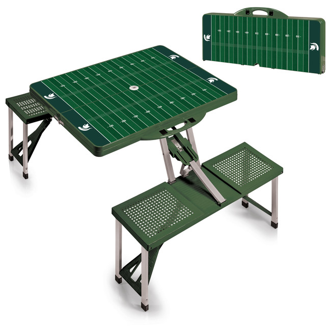 Michigan State Spartans Football Field Picnic Table Portable Folding Table with Seats, (Hunter Green)