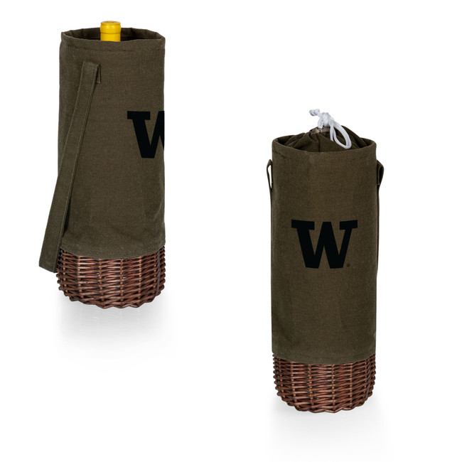 Washington Huskies Malbec Insulated Canvas and Willow Wine Bottle Basket, (Khaki Green with Beige Accents)