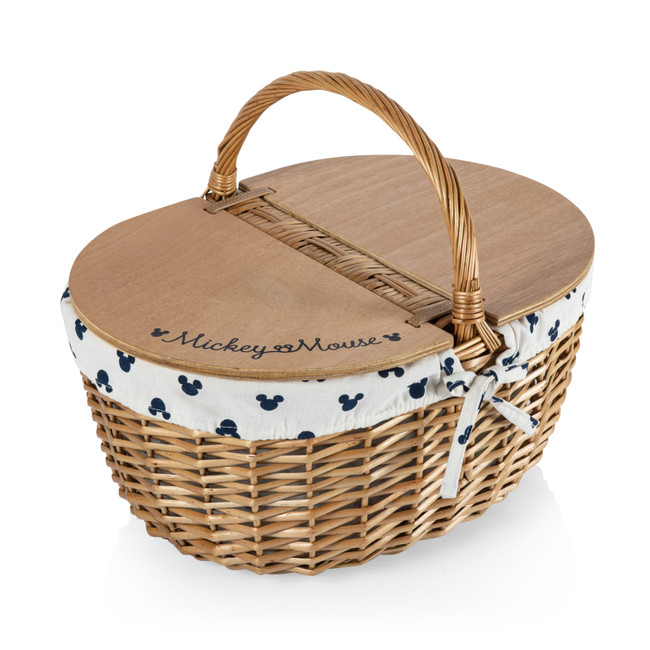 Mickey Mouse Silhouette Country Picnic Basket, (Cream with Navy Blue Pattern)