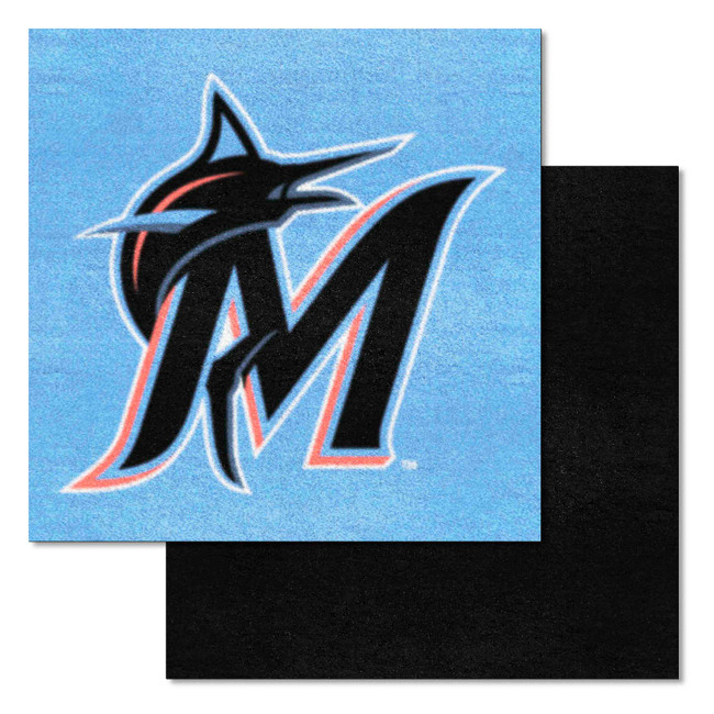 Miami Marlins Team Carpet Tiles - 45 Sq Ft. With Logo on Teal M Marlin Cap Logo