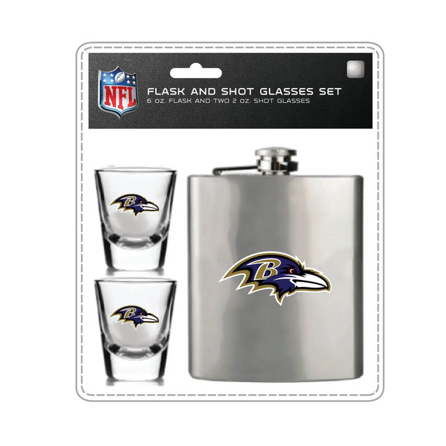 Baltimore Ravens Flask and Shot Glass Set Stainless Steel Barware Fan Gear