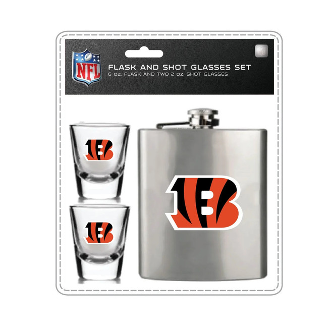 Cincinnati Bengals Flask and Shot Glass Set Stainless Steel Barware Fan Gear