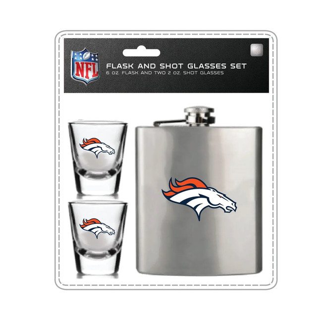 Denver Broncos Flask and Shot Glass Set Stainless Steel Barware Fan Gear