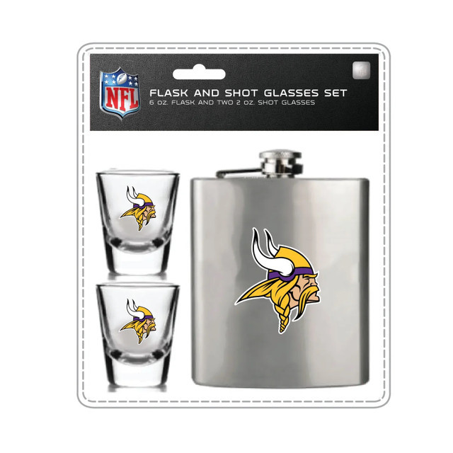 Minnesota Vikings Flask and Shot Glass Set Stainless Steel Barware Fan Gear