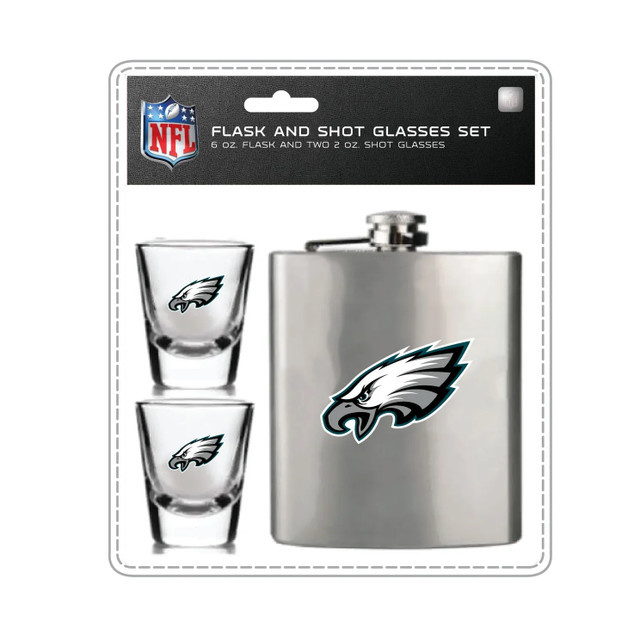 Philadelphia Eagles Flask and Shot Glass Set Stainless Steel Barware Fan Gear