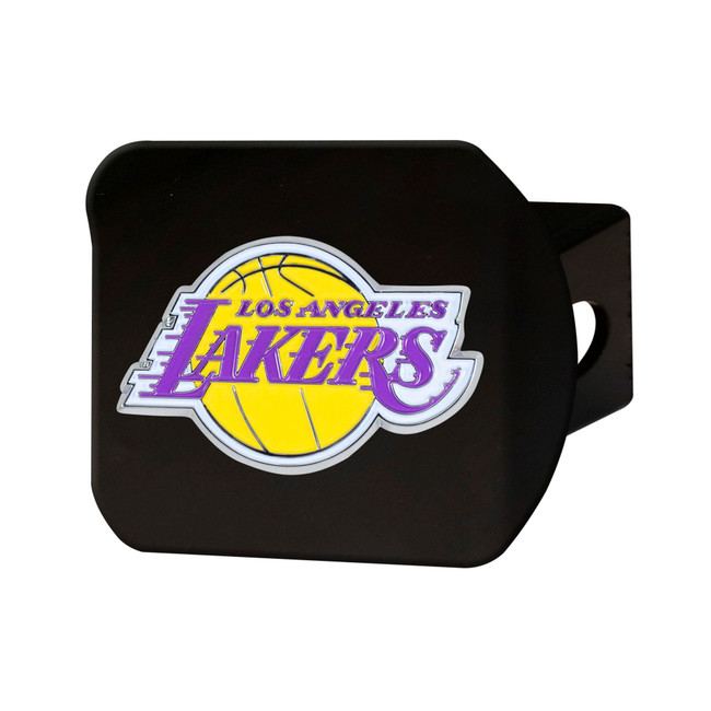 Los Angeles Lakers Black Metal Hitch Cover - 3D Color Emblem Wordmark and Basketball Primary Logo