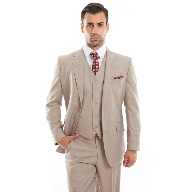 Mens Suit Premium Wool 3pc Modern Fit with Vest Tan